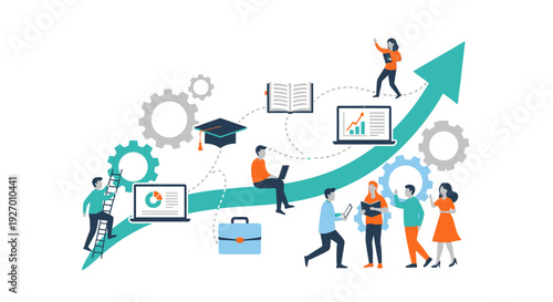 Professional Development and Career Growth Path Vector Illustration. E-Learning, Skill Improvement, and Success Journey Concept with Business People.