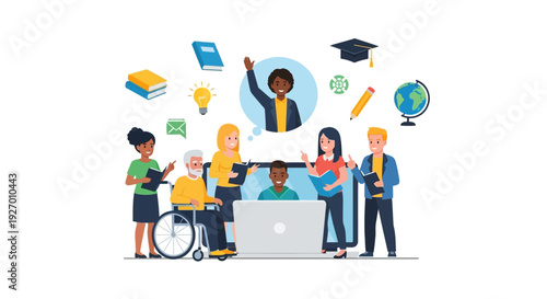 Diverse Group E-Learning and Collaboration Illustration: Students and Professionals Studying Online with Academic Icons, promoting accessibility and inclusion.