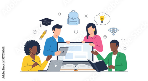 Collaborative E-learning Platform Concept. Diverse Students Studying Online Courses, Sharing Digital Knowledge, and Achieving Academic Success.