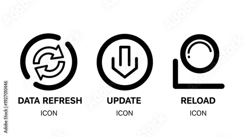 Essential System Maintenance Icon Set Featuring Data Refresh Symbols Software Update Buttons and Web Page Reload Actions in Minimalist Line Art