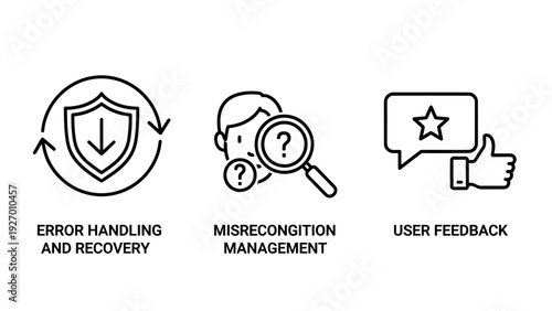 User Experience Design Icon Set Featuring Error Handling Recovery Misrecognition Management and Customer Feedback Symbols for Interface Improvement