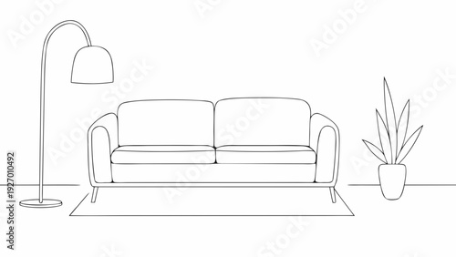 Line art living room with sofa floor lamp and potted plant on rug