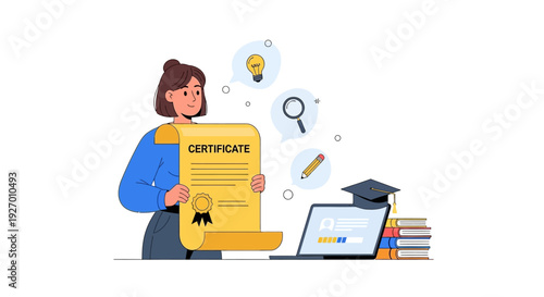 Happy Woman Holding Certificate after Successful Online Education, E-learning Diploma Achievement via laptop concept. Vector illustration for graduation and career growth.