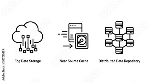 Information Technology Icons Illustrating Fog Data Storage Near Source Cache and Distributed Data Repository for Network Infrastructure Design
