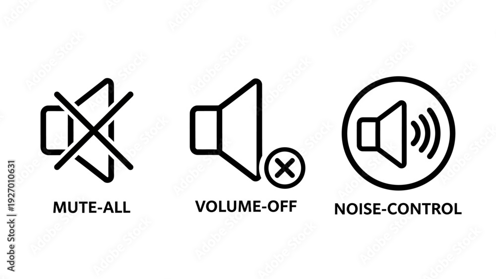 Fototapeta premium Essential audio control icons representing mute functions, volume off settings, and active noise control for user interface design and sound management.