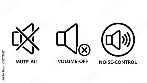 Essential audio control icons representing mute functions, volume off settings, and active noise control for user interface design and sound management.