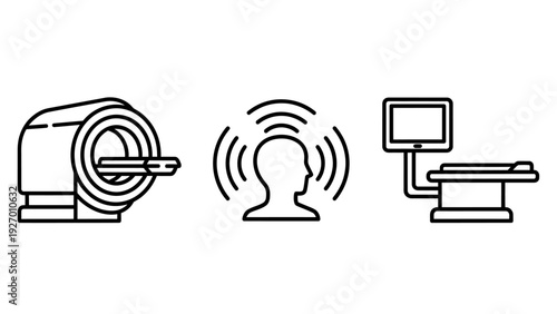 Diagnostic medical imaging equipment icons showing MRI scanner, brain activity monitoring, and patient examination systems for modern healthcare facilities.