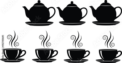 Teapot and coffee cup silhouettes set hot tea and steaming cups isolated vector illustration cafe beverage kitchen design concept