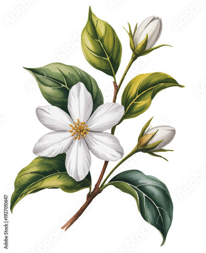 Elegant white jasmine blossom with buds in soft hand painted watercolor botanical composition.