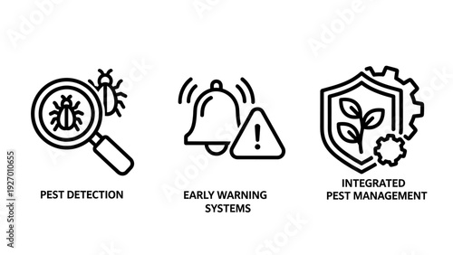 Agricultural technology icons for integrated pest management including detection, early warning alerts, and sustainable crop protection strategies.
