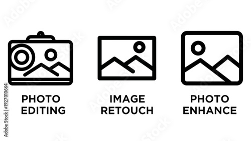 Professional photography editing icons representing image retouching, landscape enhancement, and digital photo processing for creative software.