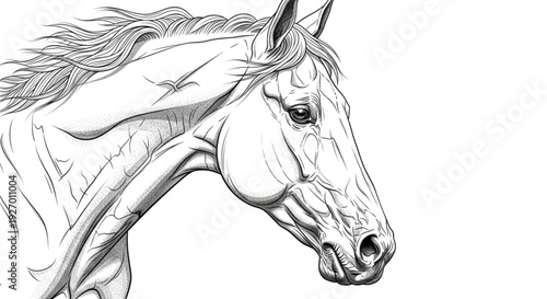 A detailed illustration of a horse's head in a striking pose, showcasing its majestic features and elegant lines.