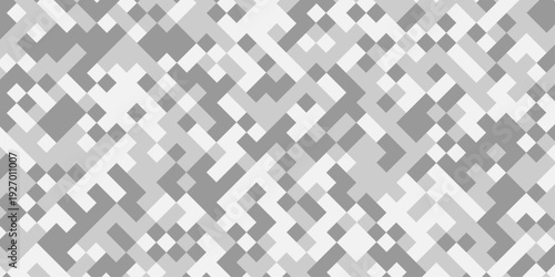 Abstract gray and white geometric pixel pattern background, modern digital camouflage mosaic texture, minimalist square grid tech backdrop.