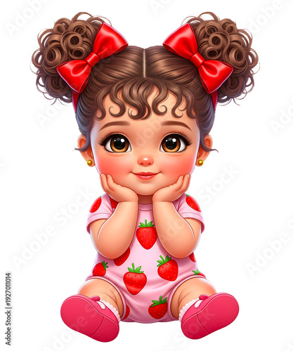 Adorable baby girl with strawberry romper, hands on cheeks, isolated on transparent background