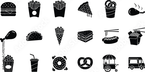 Set of solid black glyph icons representing popular street food and restaurant items, including a sandwich, pretzel, and takeout containers.