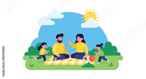 Illustration of a family having a picnic in a park on a sunny day with a blue sky and green grass.