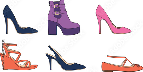 Women shoes collection high heels boots wedges and flats isolated vector illustration fashion footwear design elegant style concept