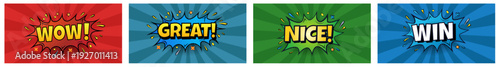Comic book explosion effects illustration set. Comic Speech Burst Rewards Set Pop Art WOW GREAT NICE WIN Set