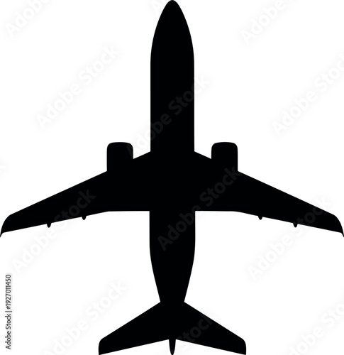 Black silhouette of commercial airplane isolated on white background for travel and aviation design