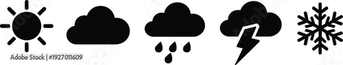 Weather icon set with sun cloud rain lightning and snowflake symbols