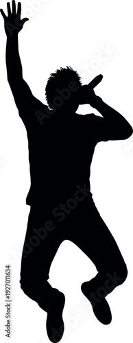 Silhouette of energetic singer jumping with microphone isolated on white background