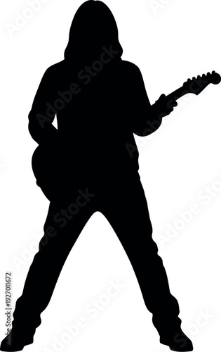 Silhouette of electric guitarist performing rock music isolated on white background