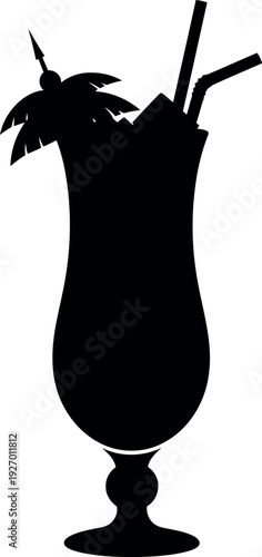 Silhouette of Tropical Cocktail Drink with Umbrella and Straws in Hurricane Glass