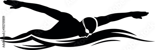 Silhouette of Swimmer Wearing Swim Cap Performing Butterfly Stroke in Water