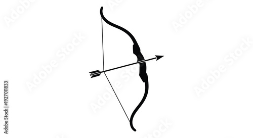 A black curved bow with an arrow poised for release depicted as a silhouette high quality professional detailed