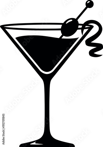 Martini Glass Silhouette with Olive and Swirl Garnish Vector Illustration