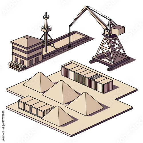 A cargo ship and crane loading sand into containers