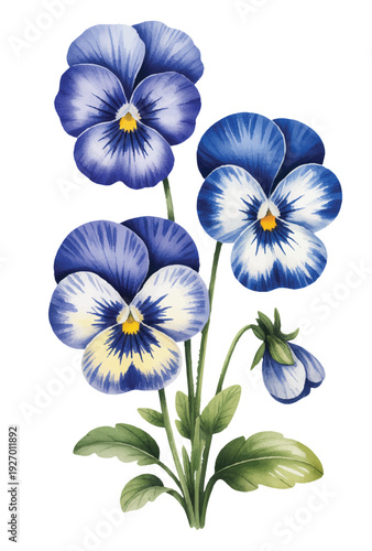 Vibrant purple pansy blossom in delicate hand painted watercolor with luminous golden center.