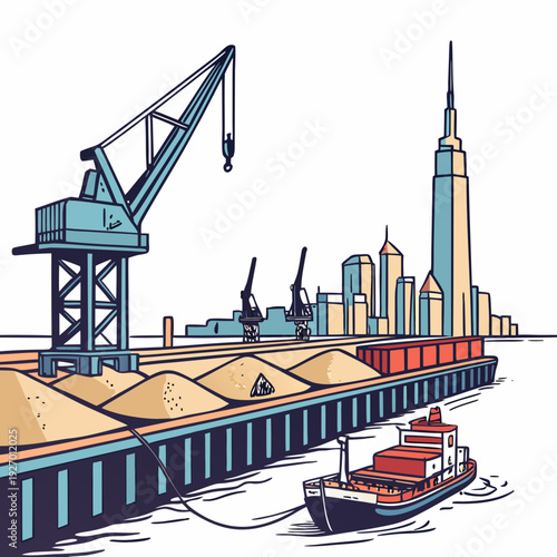 A cargo ship passes by a city skyline with a crane