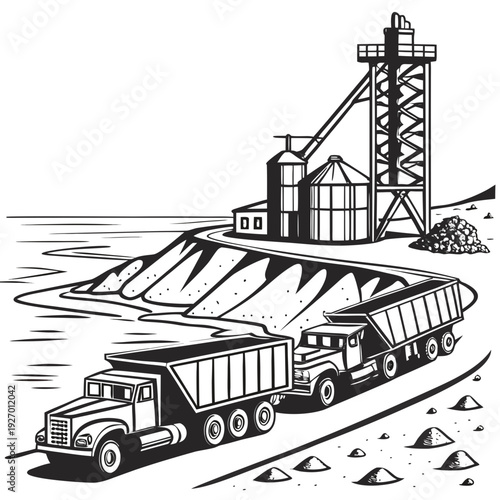 A truck and train are hauling goods near a grain elevator