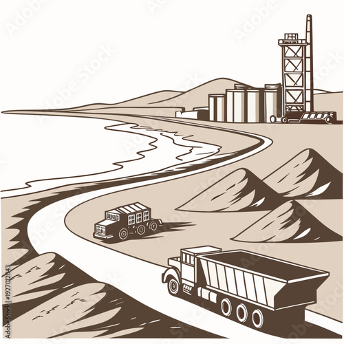 A brown and white image of a road with trucks and a factory