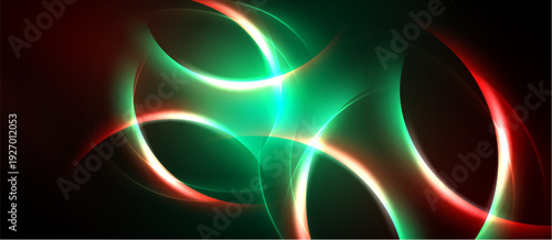 Abstract swirls, vibrant green glows, red accents. Dark background creates dramatic visual effect. Smooth curves intersect, forming dynamic composition.