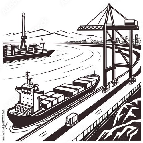 Cargo ship docked at a port with a crane