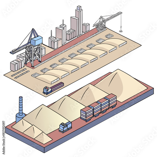 A construction site with two sand pits and machinery