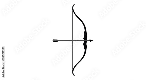 A striking black silhouette of a traditional recurve bow with an arrow displaying a classic form silhouette