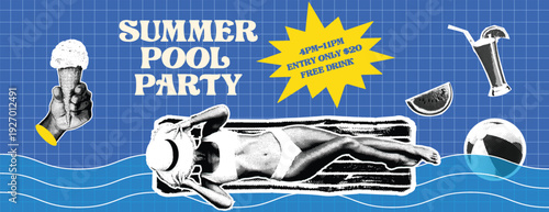 Retro vintage pop art comic style halftone collage summer holiday vacation banner Summer pool party banner , social media header with woman on inflatable mattress beach ball and ice cream illustration