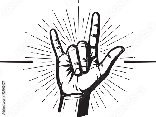 Black and white hand gesture rock and roll sign with radiating lines and horizontal bars also transparent background