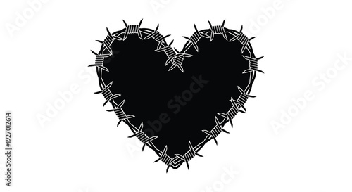 A stark black heart shape is formed with barbed wire creating a poignant and unsettling image silhouette