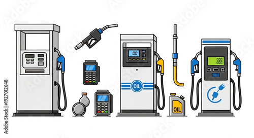 Gas station equipment illustration showing fuel pumps, nozzles, and payment terminals.