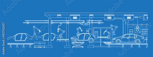 Automobile Manufacturing Plant Vector Black Line Art Illustration, Car Factory Assembly Line, Industrial Automotive Production Facility Outline Drawing Isolated on White Background for Engineering, In