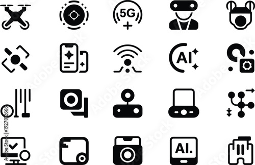 AI drone technology icon set 5G IoT smart gadget connectivity digital innovation interface modern tech vector collection