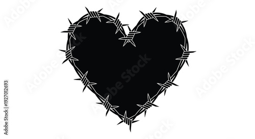 A stark black heart shape is intricately formed from barbed wire creating a poignant silhouette high quality professional