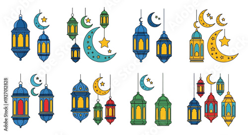 Colorful ramadan lanterns and crescent moons in a decorative arrangement