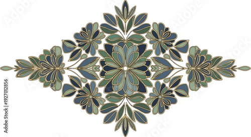 Ornate Floral Decorative Symmetrical Element in Intricate Green and Gold Patterns on an Isolated White Background