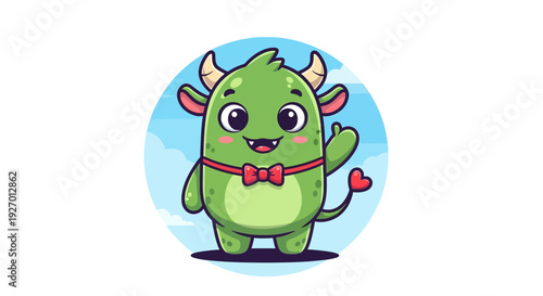 Cute Cartoon Green Monster Waving Hand Happily in a Blue Circle Frame on an Isolated White Background