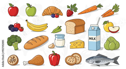 Collection of Various Healthy Food Groups and Groceries on an Isolated White Background